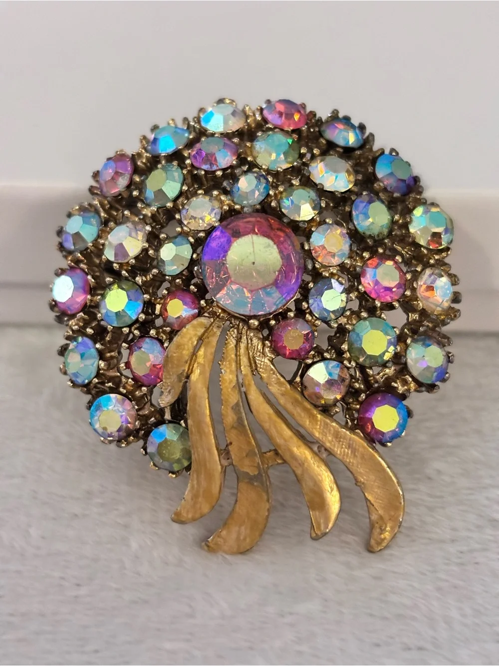 Vintage Aurora Borealis Rhinestone Bouquet Brooch Gold Tone